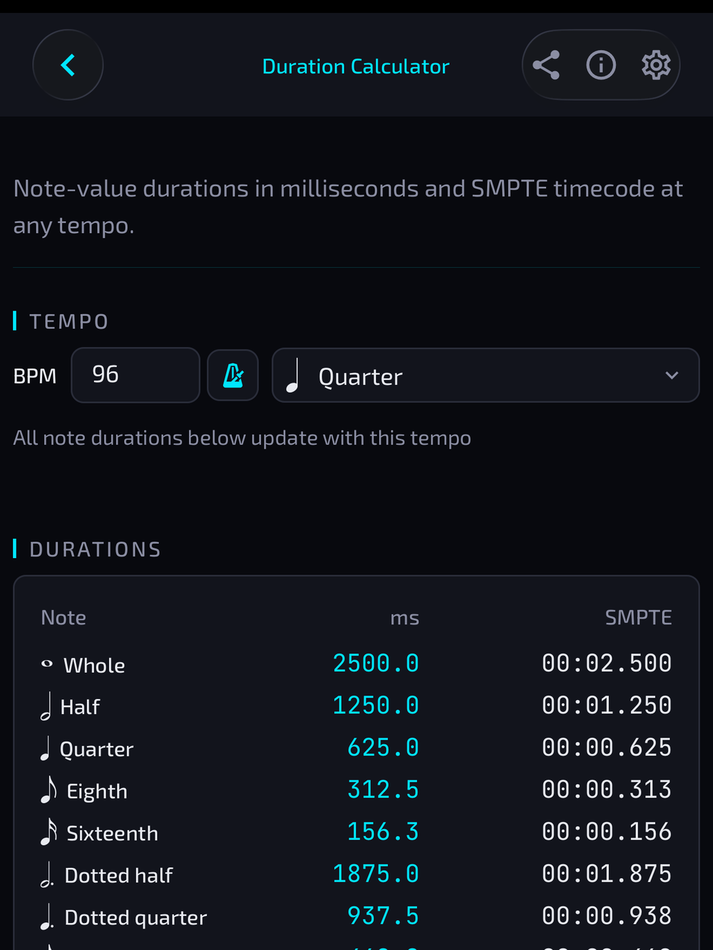 Duration Calculator screen showing note values converted to milliseconds and timecode