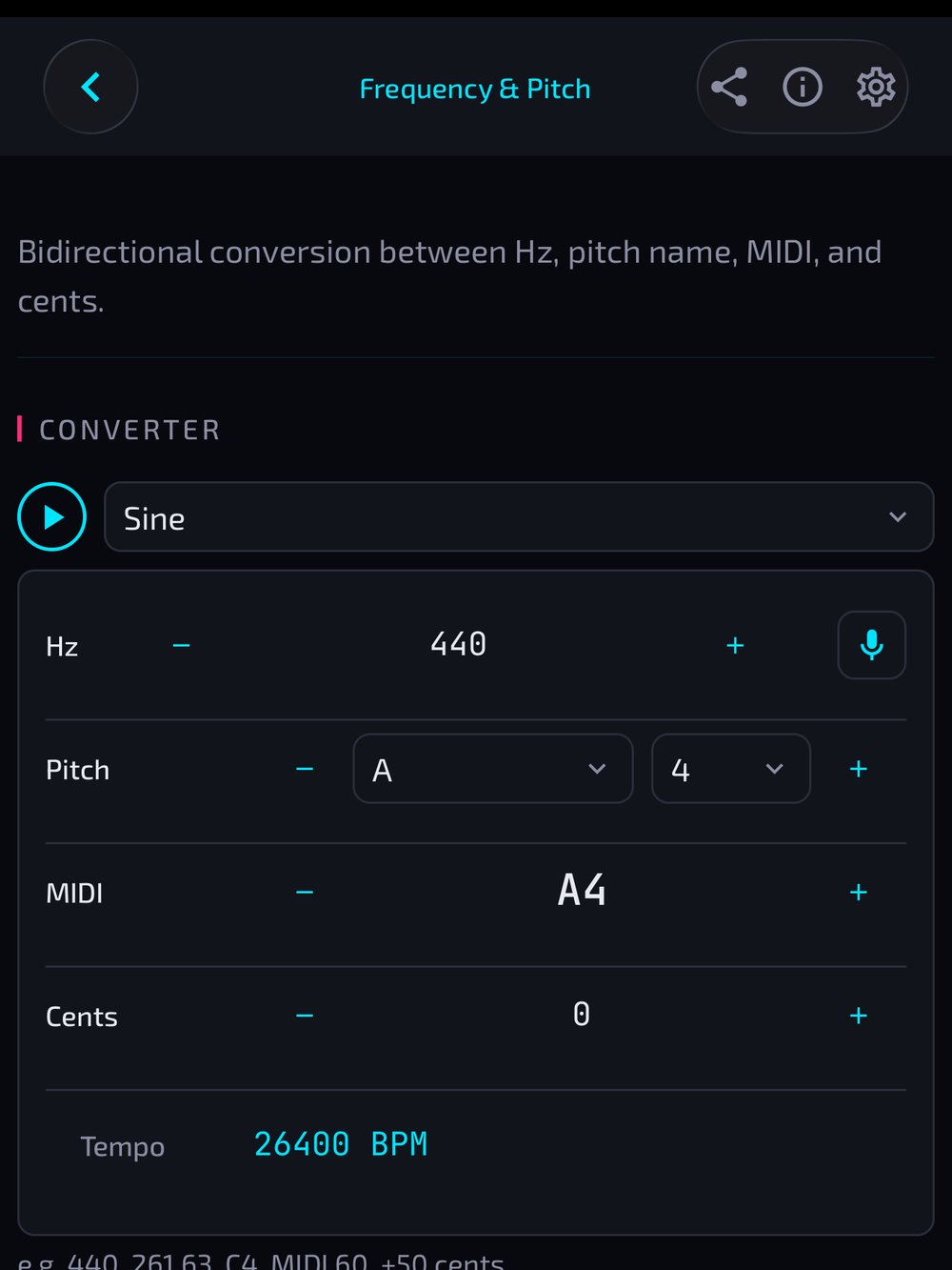 Frequency & Pitch screen showing Hz, note name, cents, and MIDI conversion