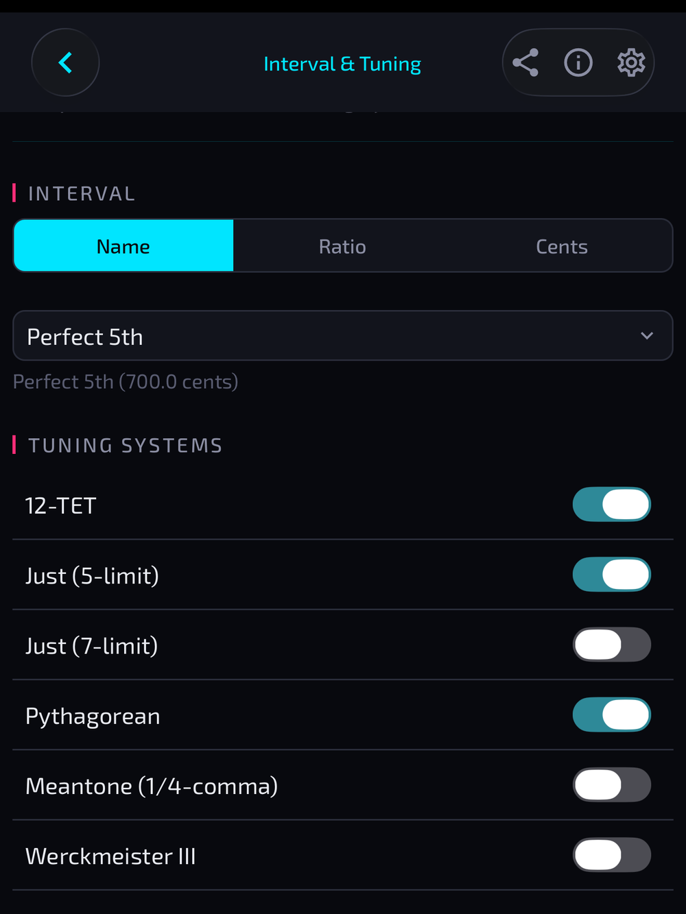 Interval & Tuning screen comparing a perfect 5th across 12-TET, just intonation, and Pythagorean tuning