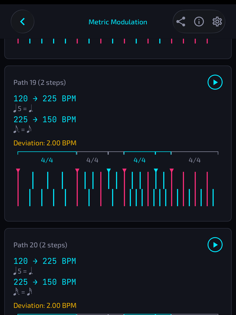 Metric Modulation screen showing modulation paths from 120 to 100 BPM