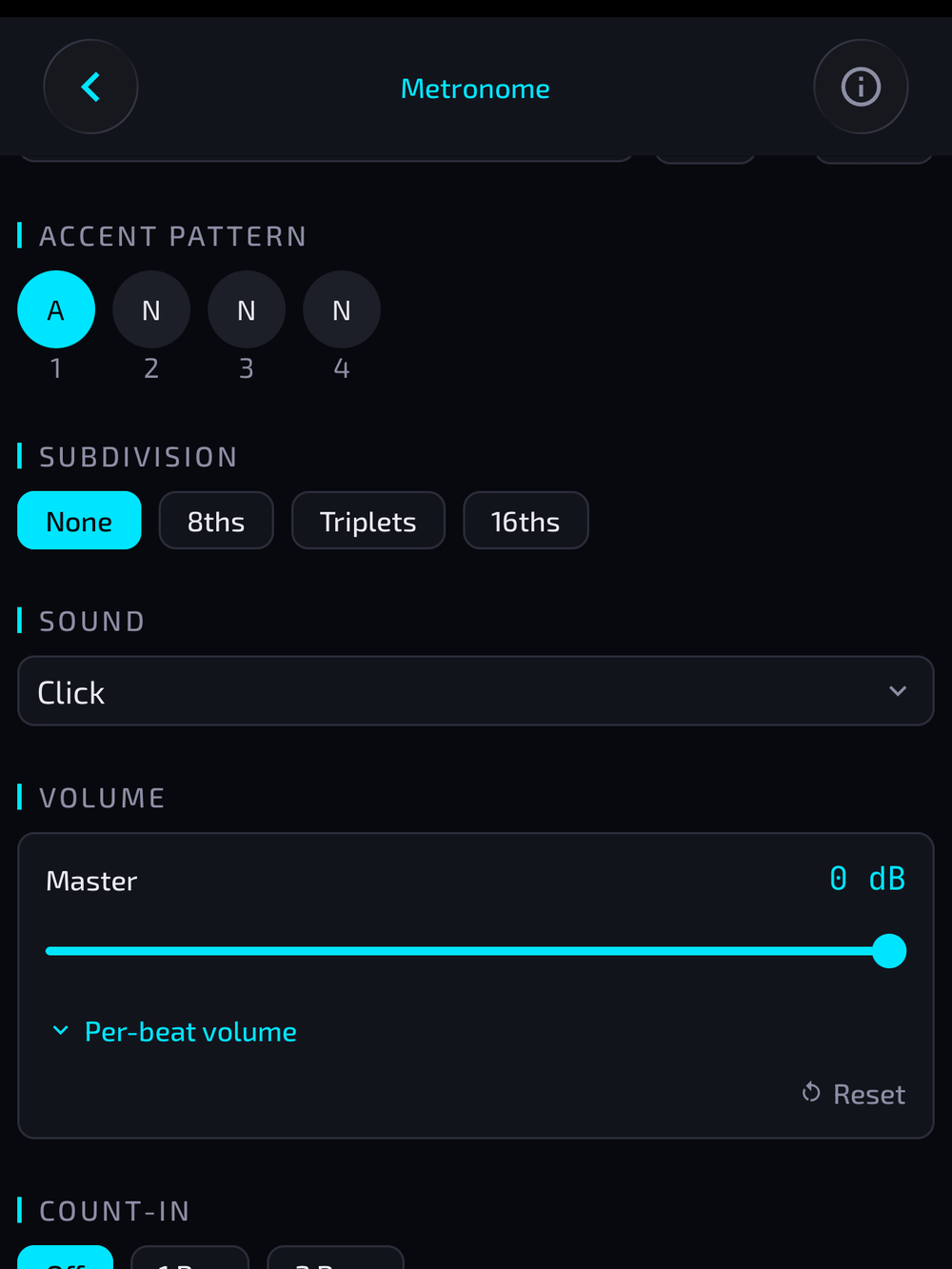 Metronome screen with customizable click and accent patterns