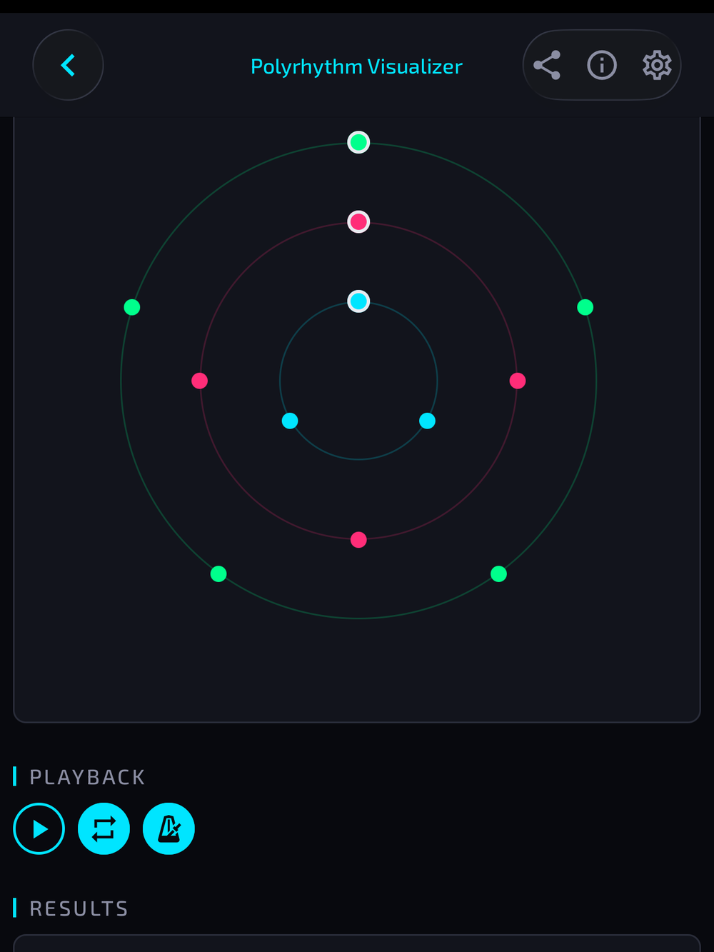 Polyrhythm Visualizer showing a 3:4:5 pattern with circular ring display and coincidence analysis