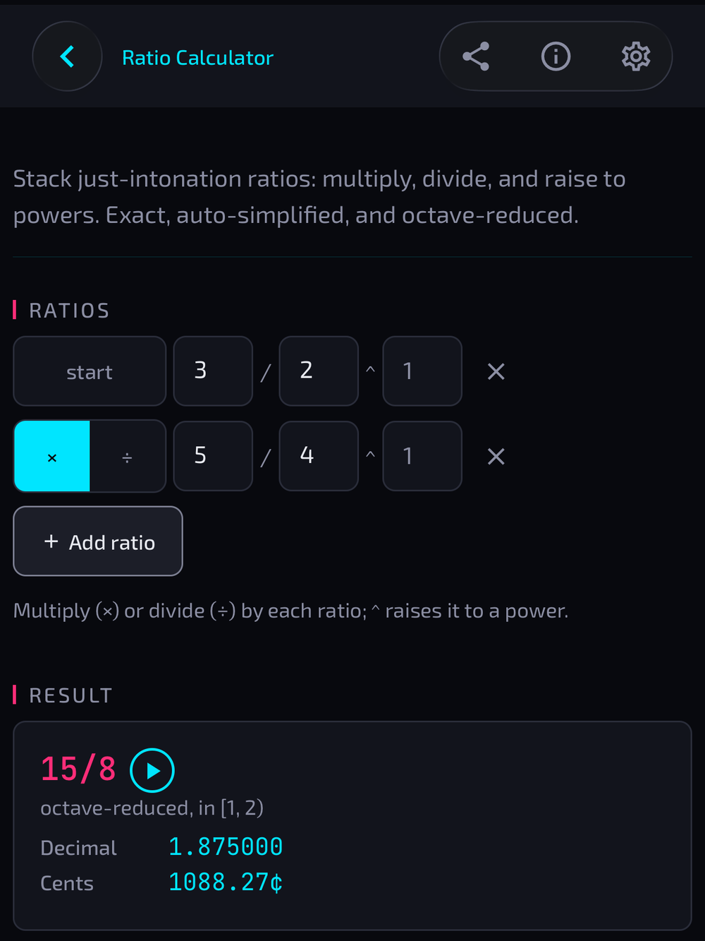 Calcophony Ratio Calculator stacking 3/2 and 5/4 into a reduced 15/8 ratio with its decimal and cents value