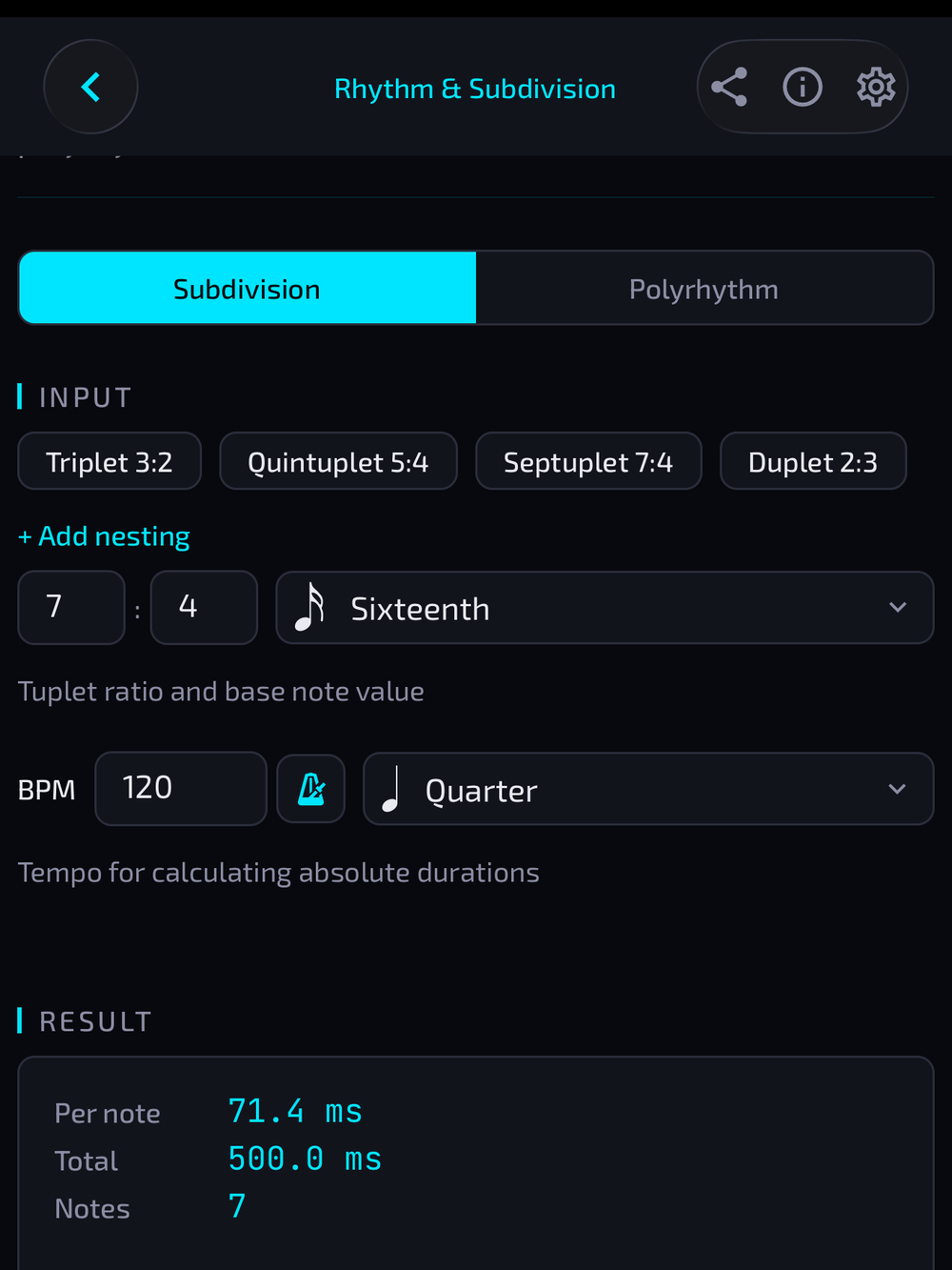 Rhythm & Subdivision screen showing tuplet durations and groupings