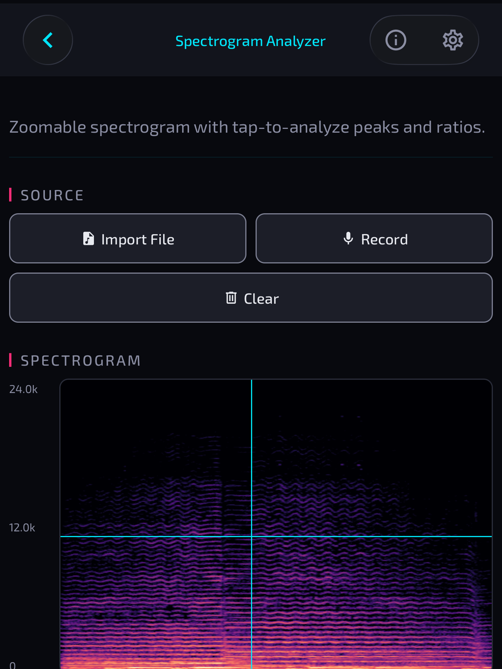 Calcophony Spectrogram Analyzer showing a cello note as a heatmap with the tapped partials and their ratios
