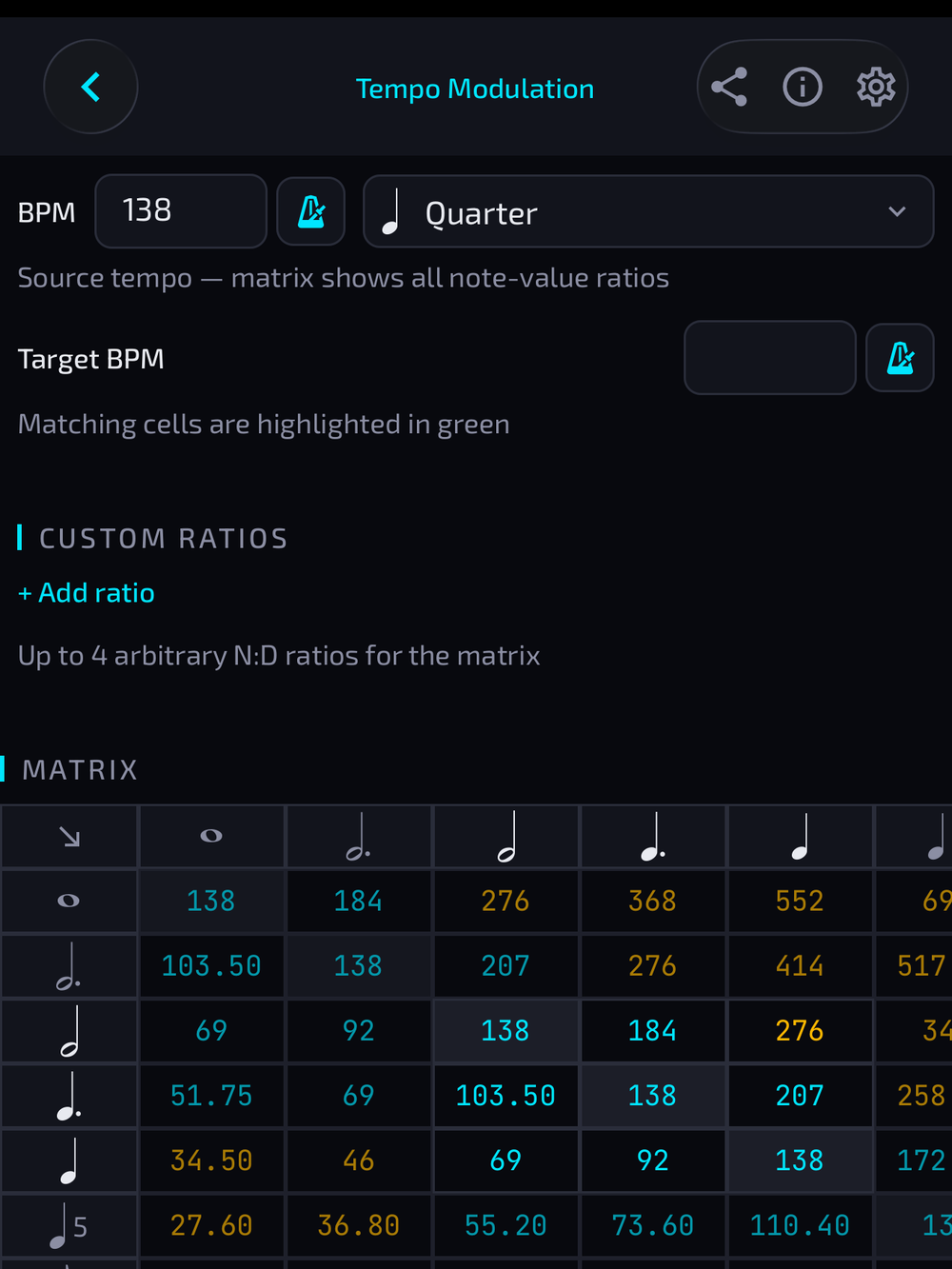 Tempo Modulation screen showing a note-value ratio matrix at 120 BPM