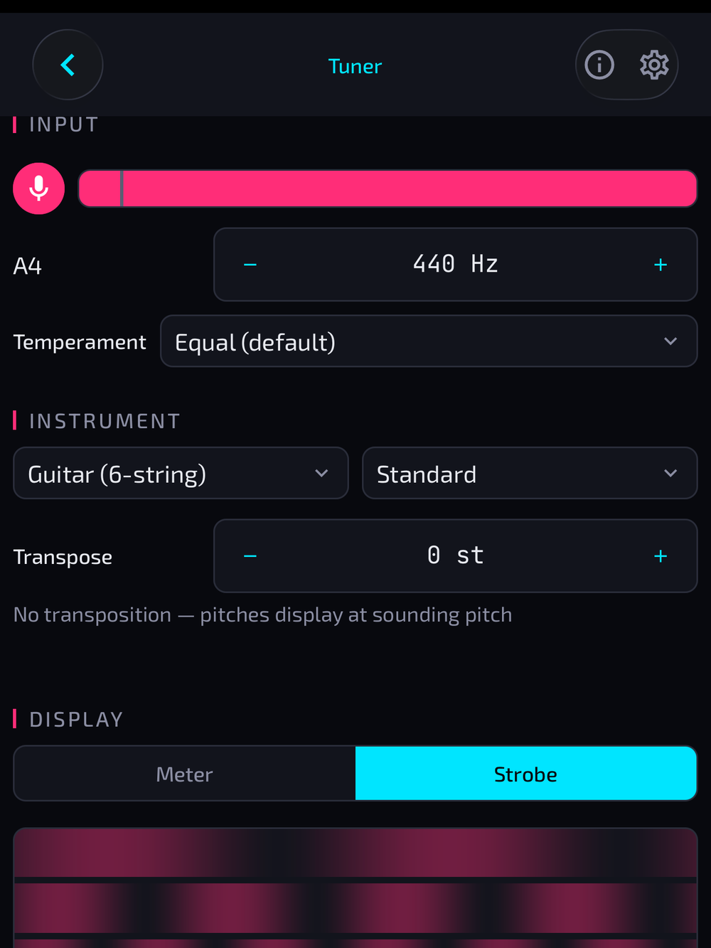 Tuner screen in strobe mode showing real-time pitch detection for guitar